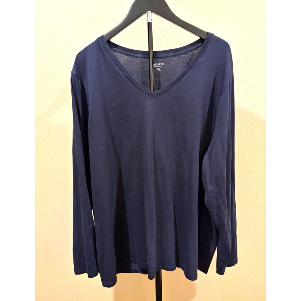 Lands' End Women's 2X Blue Solid Knit V-Neck Long Sleeve Relaxed Fit T-Shirt